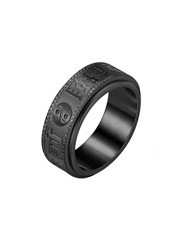 Men's Rotatable Stainless Steel Vintage Engraved 8mm Wide Buddhism Mantra Ring Black Size 8