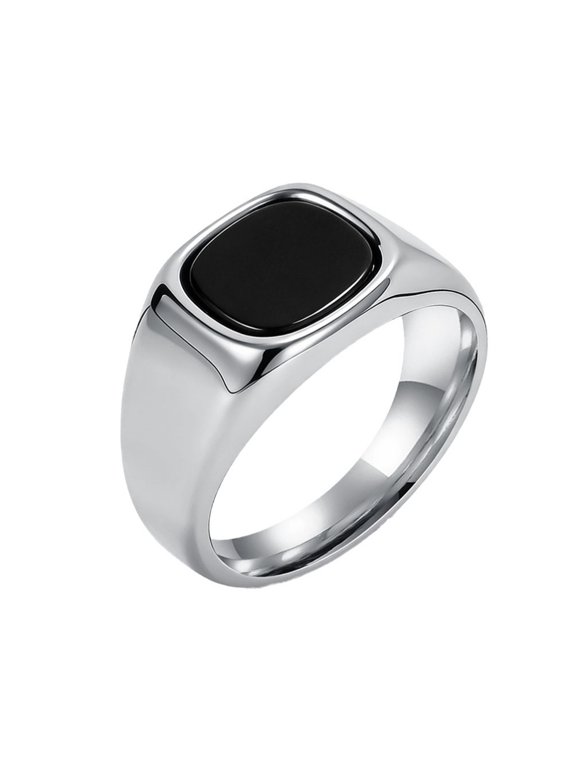 Men's Square Black Onyx Signet Ring Classic Minimalist Polish Plain Gemstone Band Ring Silver Size 11