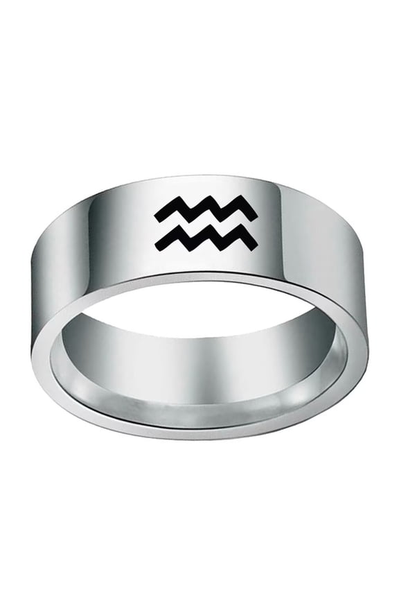 Men's Stainless Steel 12 Constellation Ring 8MM Wedding Band Horoscope Zodiac Signs Simple Aquarius Silver Size 12