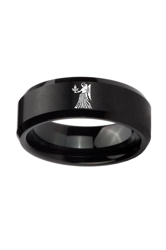 Men's Stainless Steel 12 Constellation Ring 8MM Wedding Band Horoscope Zodiac Signs Simple Virgo Black Size 9