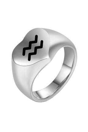 Men's Stainless Steel 12 Constellation Ring Round Signet Rings with Horoscope Zodiac Signs Aquarius Silver Size 11