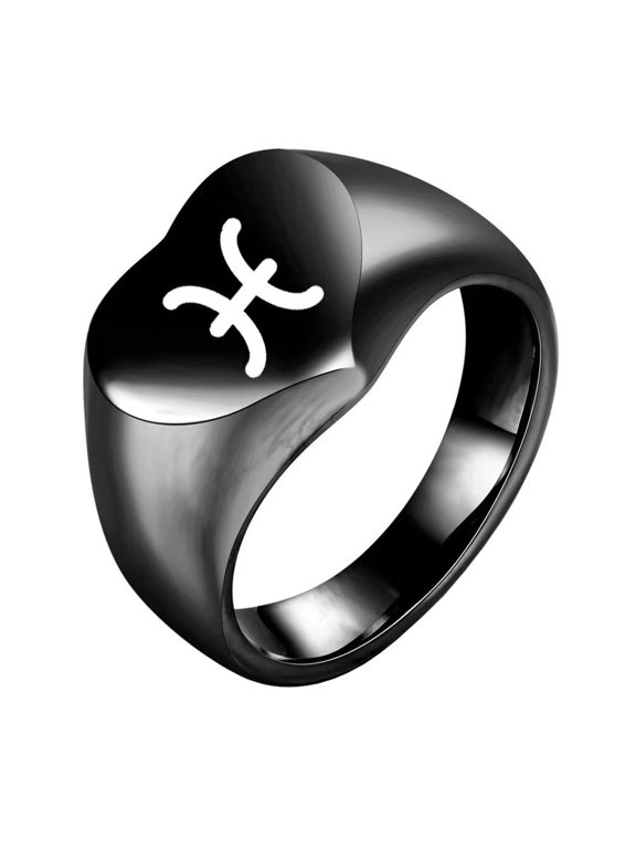 Men's Stainless Steel 12 Constellation Ring Round Signet Rings with Horoscope Zodiac Signs Pisces Black Size 7