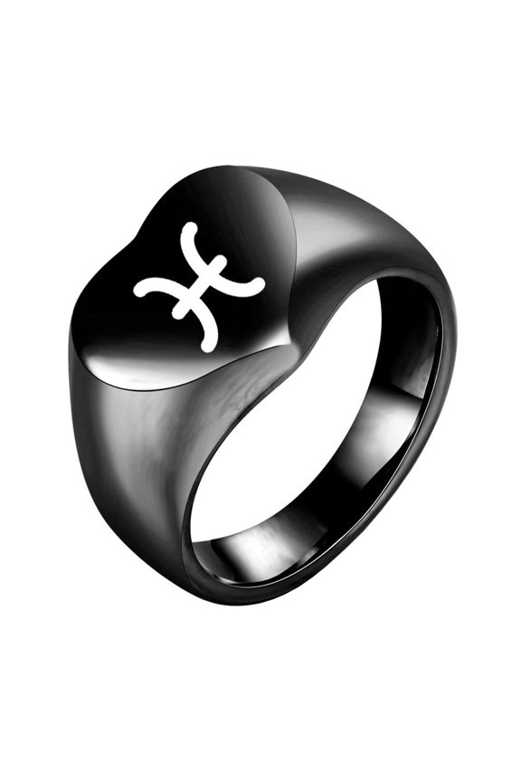 Men's Stainless Steel 12 Constellation Ring Round Signet Rings with Horoscope Zodiac Signs Pisces Black Size 9