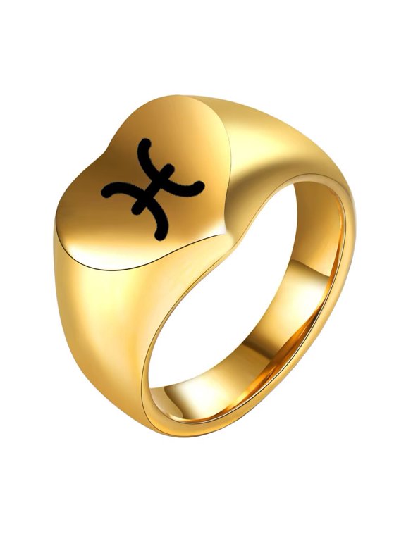 Men's Stainless Steel 12 Constellation Ring Round Signet Rings with Horoscope Zodiac Signs Pisces Gold Size 7