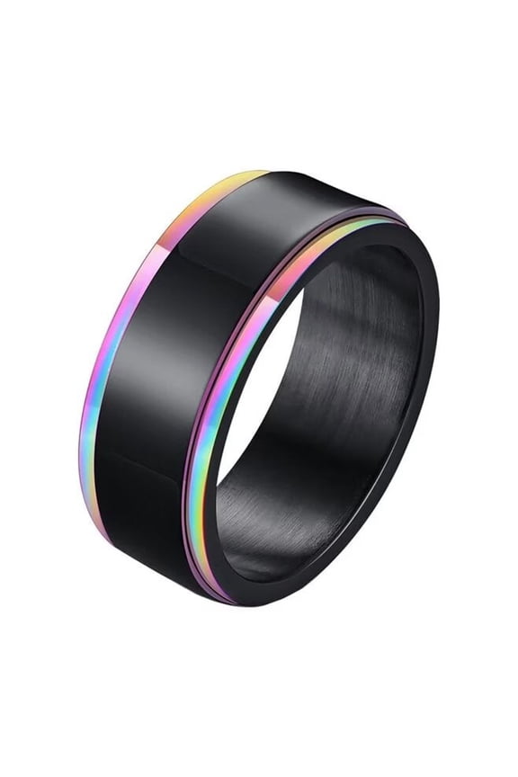 Men's Stainless Steel 8mm Rotatable Black Rainbow Wedding Band Ring High Polish Size 7