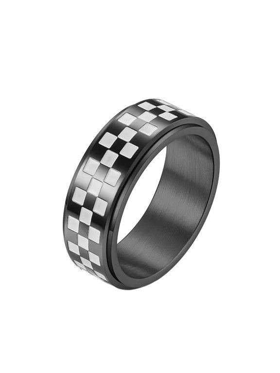 Men's Stainless Steel Checker Flag Rotatable Ring Anxiety Free Stress Relief Band Black and White Plaid Black Size 9