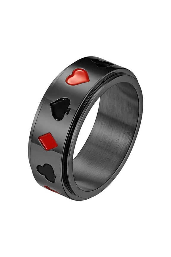 Men's Stainless Steel Classic Poker Pattern Rotatable Ring Set Fidget Band Rings for Party Black Size 8
