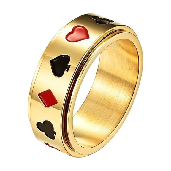 PAURO Men's Stainless Steel Classic Poker Pattern Rotatable Ring Set Fidget Band Rings for Party Gold Size 10