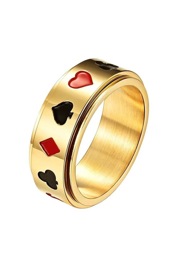 Men's Stainless Steel Classic Poker Pattern Rotatable Ring Set Fidget Band Rings for Party Gold Size 11