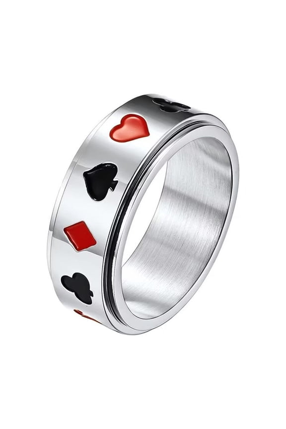 Men's Stainless Steel Classic Poker Pattern Rotatable Ring Set Fidget Band Rings for Party Silver Size 8