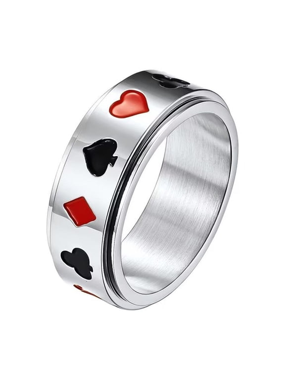 Men's Stainless Steel Classic Poker Pattern Rotatable Ring Set Fidget Band Rings for Party Silver Size 9