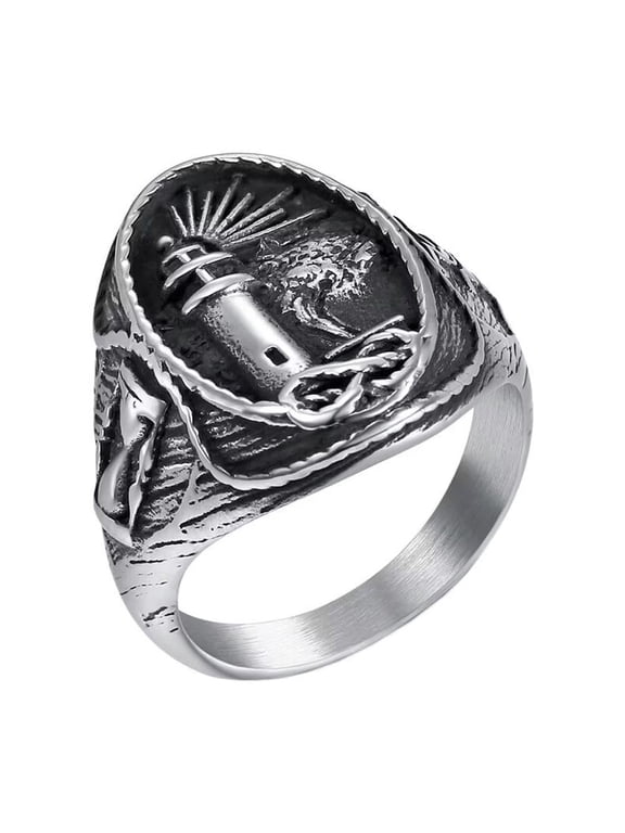 Men's Stainless Steel Creative Punk Lighthouse Statement Biker Ring Silver Size 11
