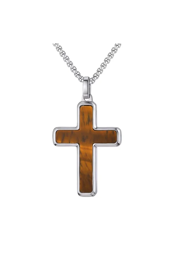 Men's Stainless Steel Cross Necklace Faith Christian Pendant Necklace Religious Christmas Jewelry Gifts Brown Pendant Only