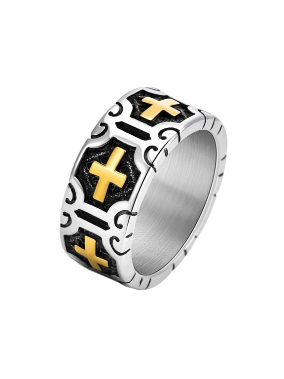 Men's Stainless Steel Cross Ring 10mm Retro Vintage Christian Cross Band Style Biker Ring Silver Gold Size 11