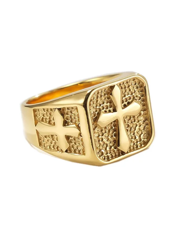 Men's Stainless Steel Cross Signet Band Ring Christian Cross Ring Religious Jewellery Gold Plated Size 12