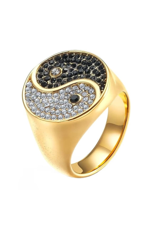 Men's Stainless Steel Cubic Zirconia Yin Yang Ring Tai Chi Signet Statement Jewelry Accessories Gold Size 12