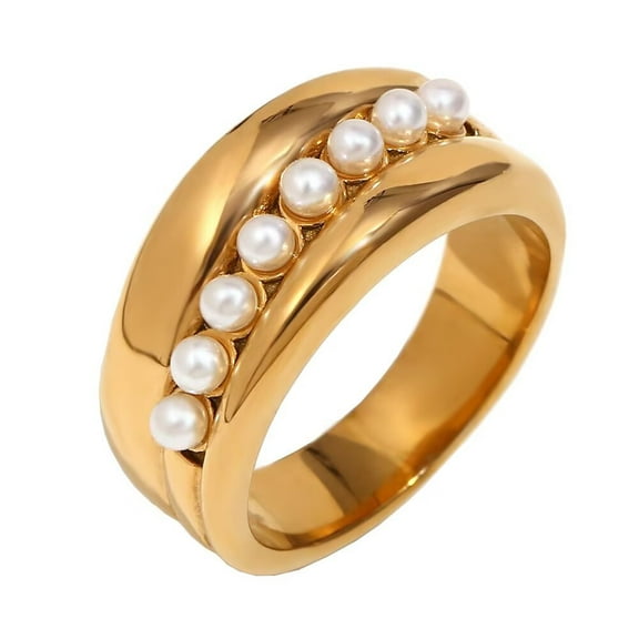 PAURO Men's Stainless Steel Delicate Imitation Pearl Temperament Personality Vintage Ring Gold Size 7