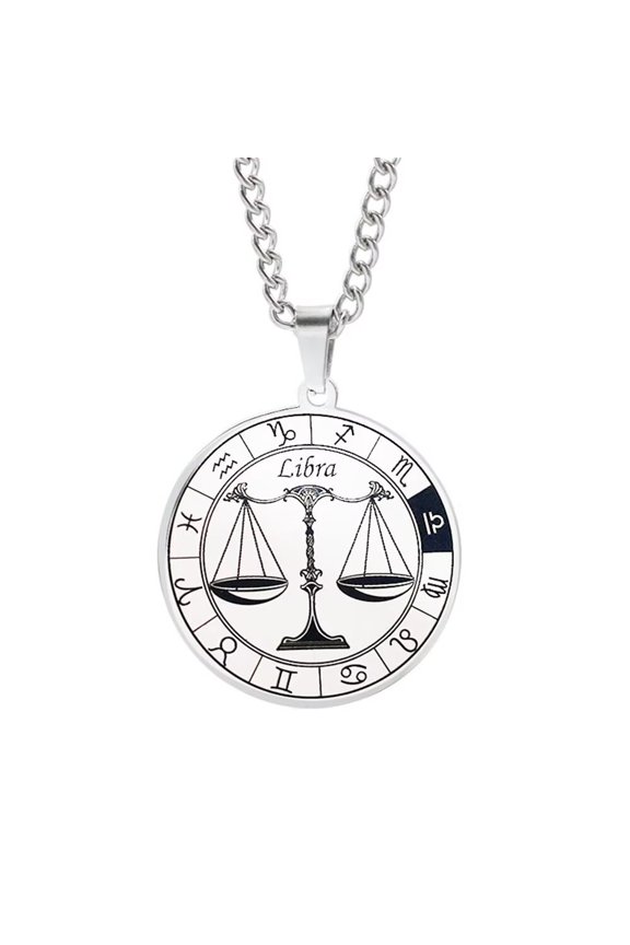 Men's Stainless Steel Engraved Round Coin Zodiac Sign Constellations Pendant Necklace Creative Jewelry Libra