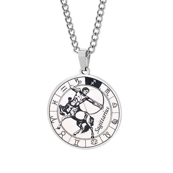 PAURO Men's Stainless Steel Engraved Round Coin Zodiac Sign Constellations Pendant Necklace Creative Jewelry Sagittarius