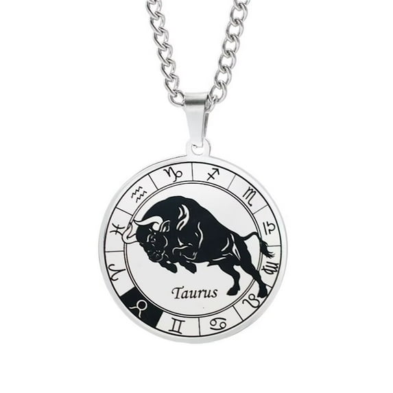 PAURO Men's Stainless Steel Engraved Round Coin Zodiac Sign Constellations Pendant Necklace Creative Jewelry Taurus