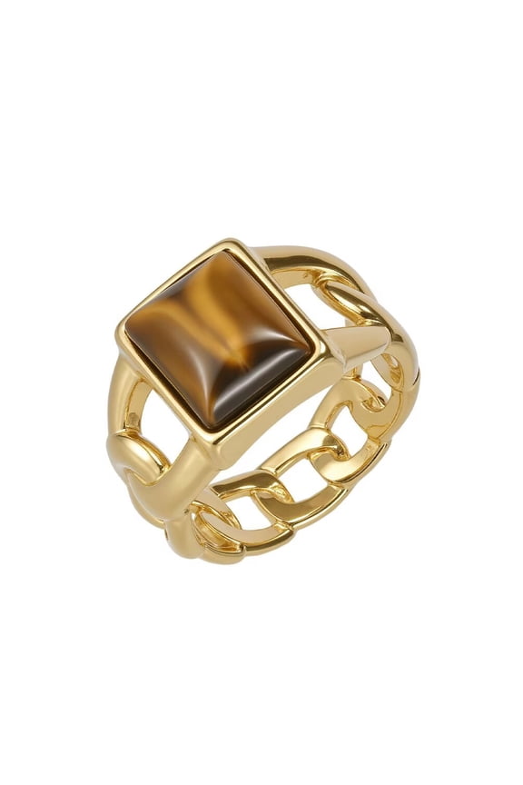 Men's Stainless Steel Hip Hop Cuban Chain Tiger Eye Gemstone Ring Gold Tiger's Eye Stone Size 12