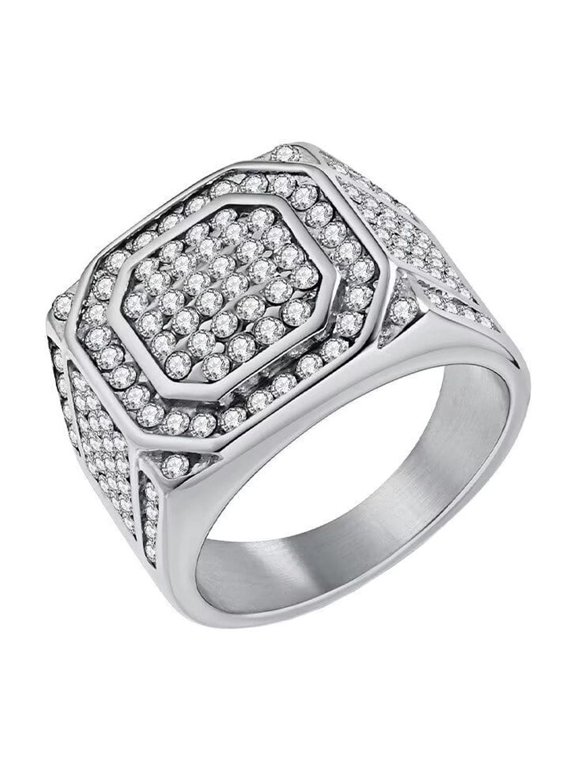 Men's Stainless Steel Hip Hop Luxury Full Of CZ Exaggerated Ring Silver Plated Size 12