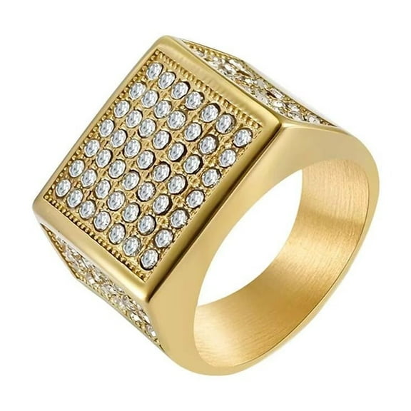PAURO Men's Stainless Steel Hip Hop Round Cubic Zirconia Micro Pave Wedding Band Ring Gold Size 11