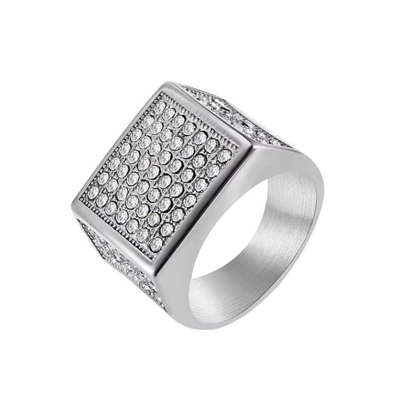 PAURO Men's Stainless Steel Hip Hop Round Cubic Zirconia Micro Pave Wedding Band Ring Silver Size 11