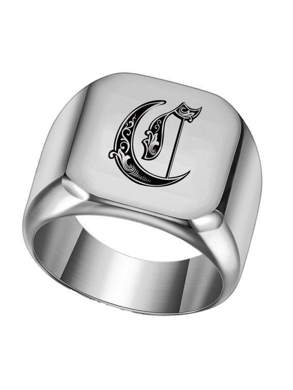 Men's Stainless Steel Initial Letter Ring Chunky 18mm Square Alphabet Statement Band Punk Simple Style Silver Plated C Size 9