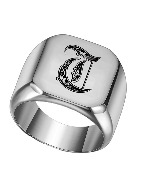 Men's Stainless Steel Initial Letter Ring Chunky 18mm Square Alphabet Statement Band Punk Simple Style Silver Plated T Size 10