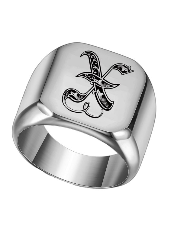 Men's Stainless Steel Initial Letter Ring Chunky 18mm Square Alphabet Statement Band Punk Simple Style Silver Plated X Size 10