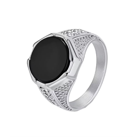 PAURO Men's Stainless Steel Light Luxury Black Gemstone Simple Personality Ring Silver Size 11