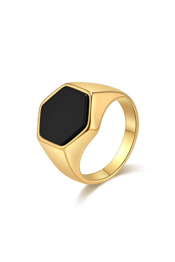 Men's Stainless Steel Minimalist Hexagonal Black Stone Statement Ring Gold Size 10