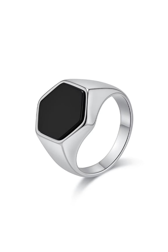 Men's Stainless Steel Minimalist Hexagonal Black Stone Statement Ring Silver Size 13