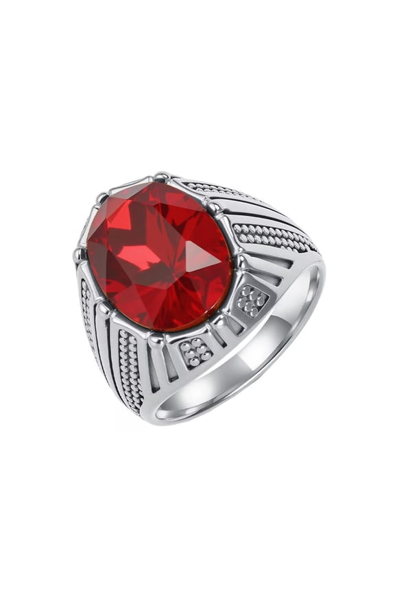 Men's Stainless Steel Oval Gemstone Ring Vintage Unique Multicolor Gem Cubic Zircon Jewelry Silver Red Size 13