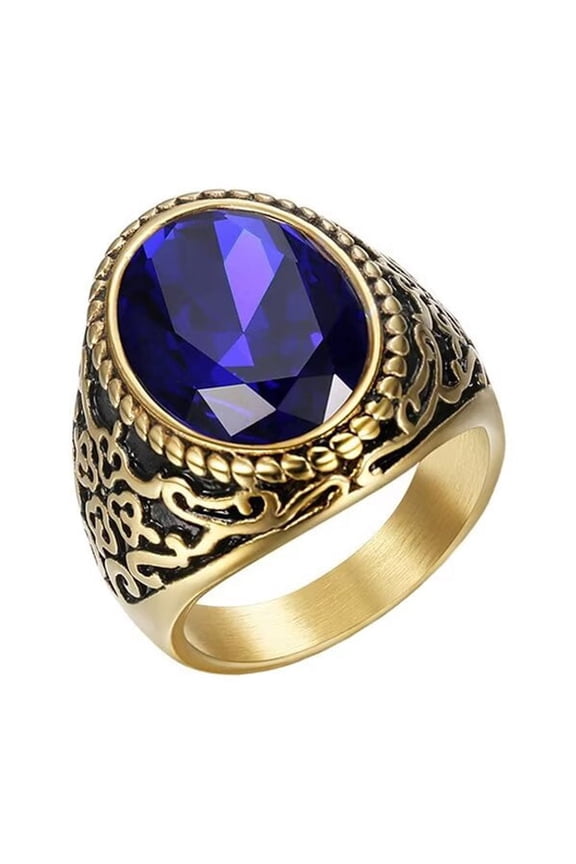 Men's Stainless Steel Oval Gemstone Rings Gold Plated Cut Blue Crystal Zircon Statement Ring Size 10