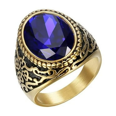 PAURO Men's Stainless Steel Oval Gemstone Rings Gold Plated Cut Blue Crystal Zircon Statement Ring Size 8