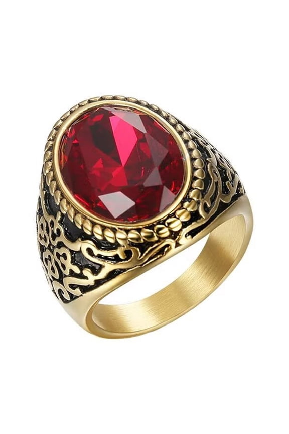 Men's Stainless Steel Oval Gemstone Rings Gold Plated Cut Red Crystal Zircon Statement Ring Size 8