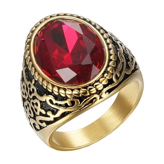 PAURO Men's Stainless Steel Oval Gemstone Rings Gold Plated Plated Cut Red Crystal Cubic Zirconia Statement Ring Size 9