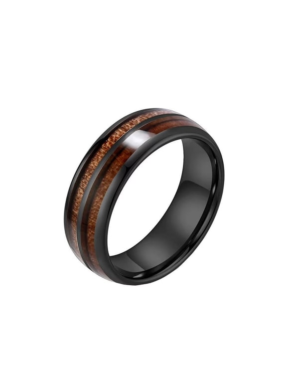 Men's Stainless Steel Double Grooved Wood Ring Black 8mm Size 8