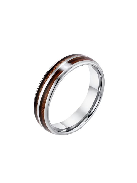 Men's Stainless Steel Parquet leather Double Grooved Wood Ring Silver 6mm Size 9