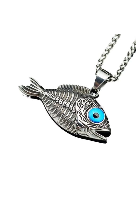 Men's Stainless Steel Personality Punk Skull Fishbone Pendant Necklaces Inlay Blue Eyes Cool Jewelry with Chain