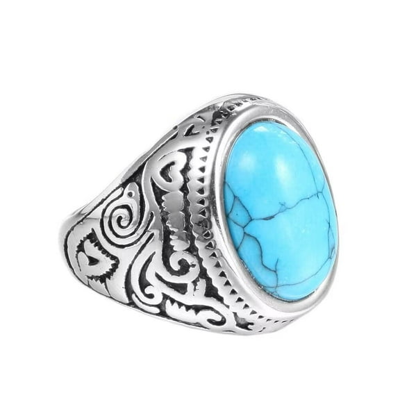 PAURO Men's Stainless Steel Personalized Retro Oval Agate Blue Gemstone Rings Punk Biker Ring Silver Size 7