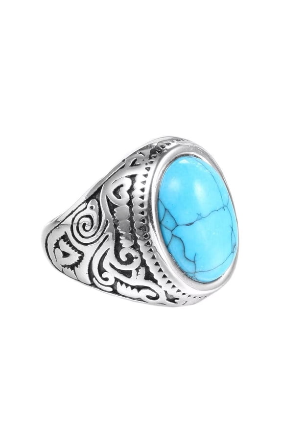Men's Stainless Steel Personalized Retro Oval Agate Blue Gemstone Rings Punk Biker Ring Silver Size 7