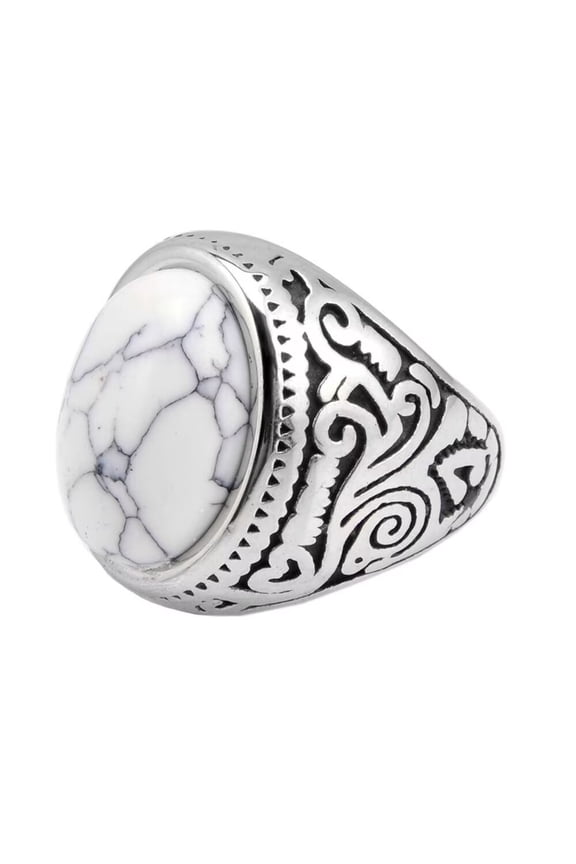 Men's Stainless Steel Personalized Retro Oval Agate White Gemstone Rings Punk Biker Ring Silver Size 8