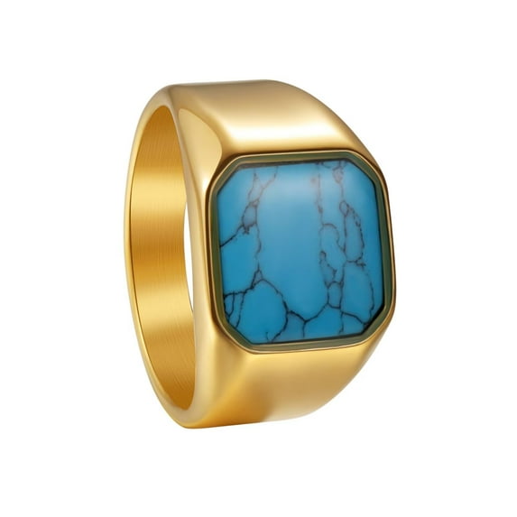 PAURO Men's Stainless Steel Personalized Vintage Simulated Blue Turquoise Trend Ring Gold Size 11