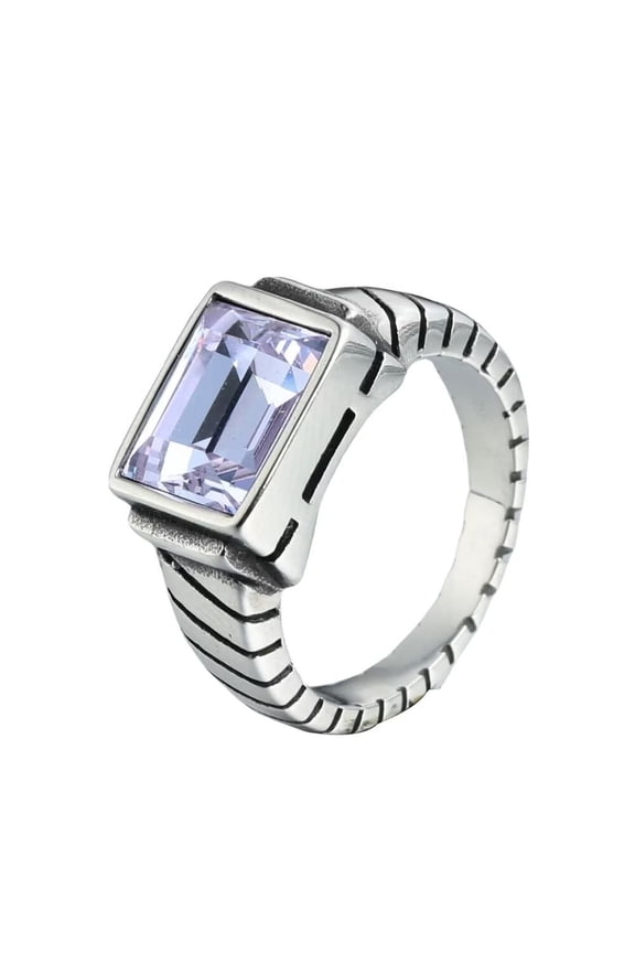 Men's Stainless Steel Retro Minimalist Square Agate Signet Rings Cool Punk Jewelry Silver Purple Size 7