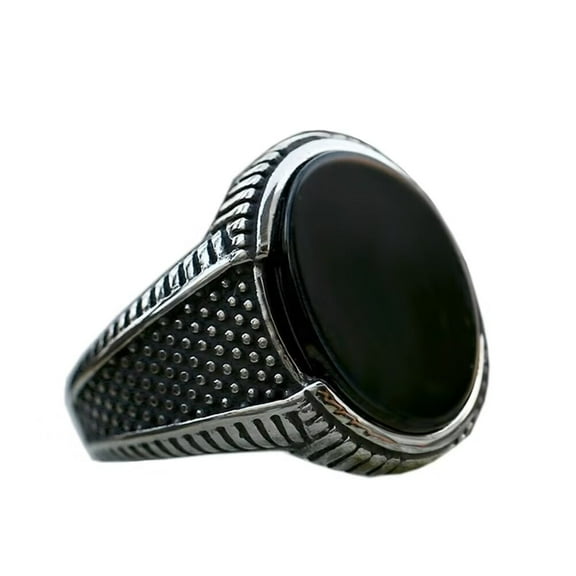 PAURO Men's Stainless Steel Retro Oval Black Agate Signet Ring Statement Rings Silver Size 11
