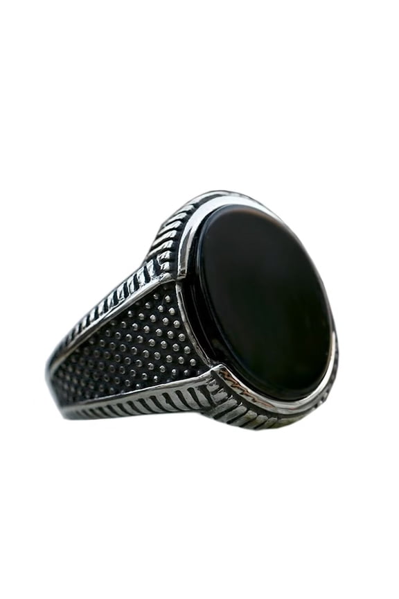 Men's Stainless Steel Retro Oval Black Agate Signet Ring Statement Rings Silver Size 7