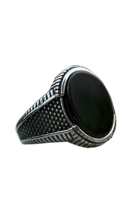 Men's Stainless Steel Retro Oval Black Agate Signet Ring Statement Rings Silver Size 9